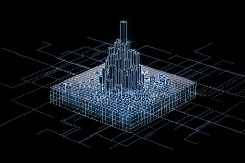 Cubes and lines with dark background, 3d rendering. Illustrazione stock