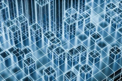 Cubes and lines with dark background, 3d rendering. 스톡 일러스트