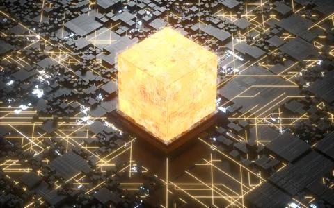 Cubes and materials, circuits and Lines, 3d rendering. Illustrazione stock