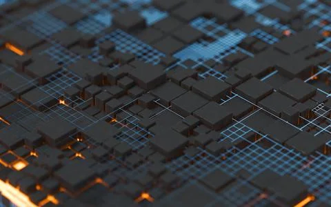 Cubes and materials, circuits and Lines, 3d rendering. Stock Illustration