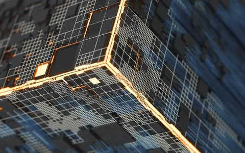 Cubes and materials, circuits and Lines, 3d rendering. Stock Illustration