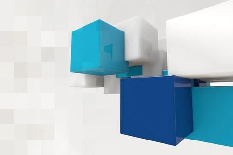 Cubes are floating in 3D render with pale square grid backdrop and interlocking 스톡 사진