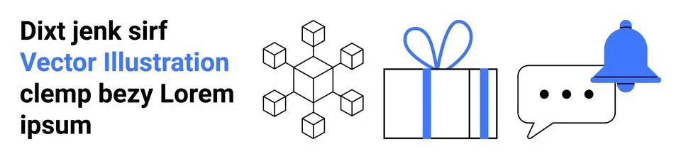 Cubes arranged in a geometric pattern, gift box with ribbon, chat bubble with Stock Illustration