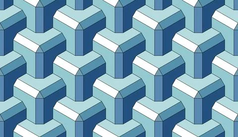 Cubes. Blue seamless 3D pattern. Op Art. Template for wrapping. Stock Illustration