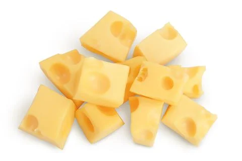 Cubes of cheese isolated on white background with clipping path. Top view. Flat Foto stock