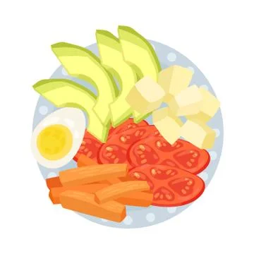 Cubes of cheese with vegetables on a round plate. Vector illustration. Stock Illustration