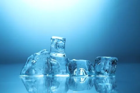 Cubes of clear ice on light blue background, closeup. Space for text 스톡 사진