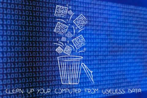 Cubes of digital data falling into a bin and getting deleted 스톡 일러스트