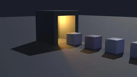 Cubes entering an elevator with light shining out in the middle of nowhere Illustrazione stock
