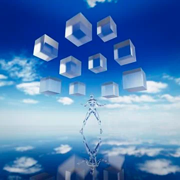 Cubes floating in sky above transparent man Stock Photos