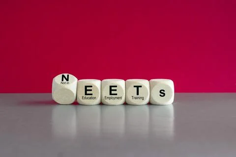 Cubes form the expression NEETs Not in Education, Employment, or Training. Stock Photos