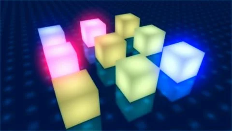 Cubes with glowing lights and reflection of shadows on ground surface, 3D ren Stock Illustration