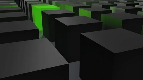 Cubes in gray with a single green glowing and lightened cube (3d rendering) Stock Footage 82796596