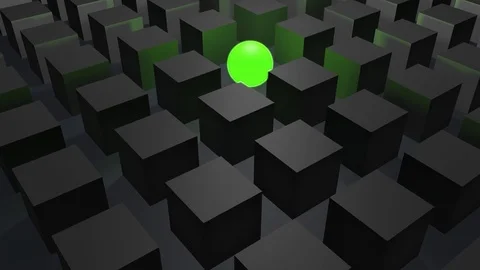 Cubes in gray with a single green glowing and lightened sphere (3d rendering) Stock Footage 82796753
