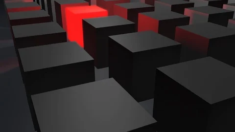 Cubes in gray with a single red glowing and lightened cube (3d rendering) Stock Footage 82796942