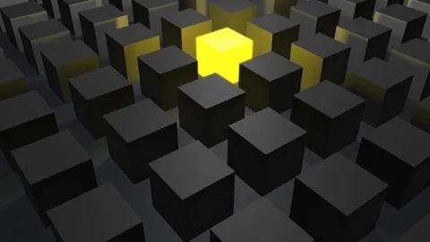 Cubes in gray with a single yellow glowing and lightened cube (3d rendering) Stock Footage 82796340