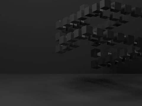 Cubes installation in empty room. 3d rendering Illustrazione stock