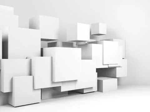 Cubes installation in empty room. 3d render Stock Illustration
