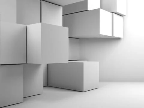 Cubes installation in empty room. 3d render Stock Illustration