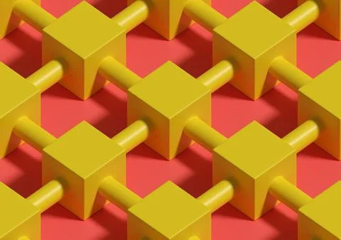 Cubes interconnected by pipes seamless pattern. Isometric background. 3d il.. Stock Illustration