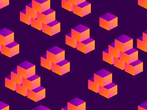 Cubes isometric seamless pattern with gradient on a dark purple background. V Stock Illustration