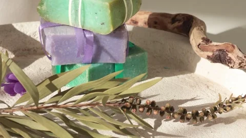 Cubes of natural soap against backdrop of natural elements. Handicrafts and 스톡 동영상 318839273