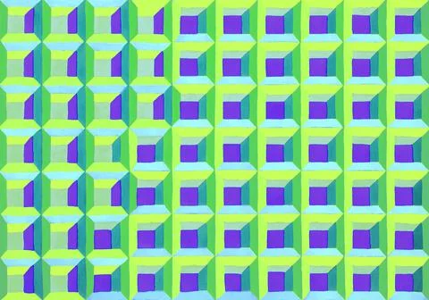 Cubes pattern mesh texture illustration. Hand drawn painting optical illusion Stock Illustration