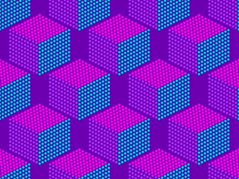 Cubes pop art seamless pattern in purple. Dotted geometric shape. Modern tren Illustrazione stock