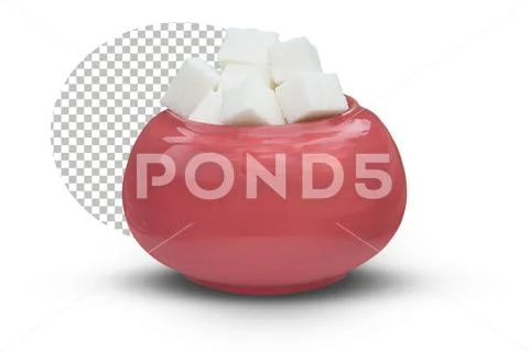 Cubes of refined white sugar in a pink sugar bowl. PSD Template