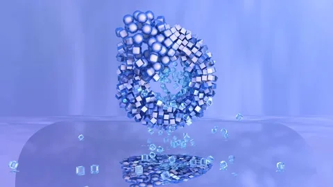Cubes rotate around a circle and turn into spheres. Ice cubes fall to the floor Stock Footage 220719316