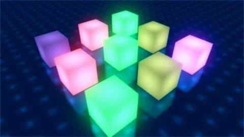 Cubes in a row with nice glowing effects over shiny surface, 3D render Stock Illustration