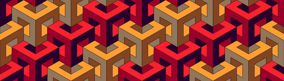 Cubes. Seamless 3D pattern. Optical illusions. Op Art. Red and gold. Stock Illustration