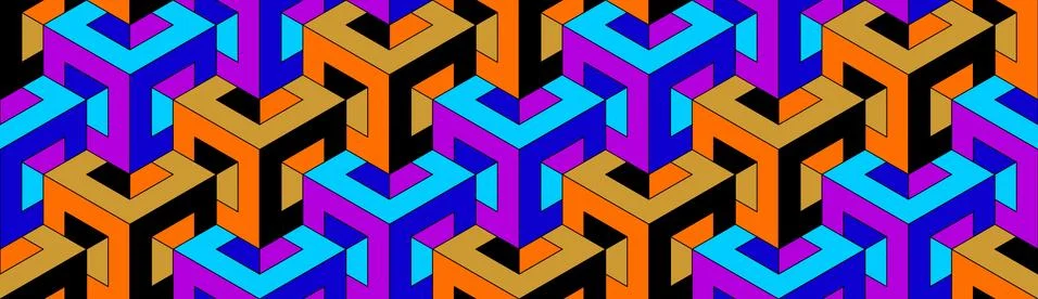 Cubes. Seamless 3D pattern. Orange, purple. Optical illusions. Op Art. Wrapping Stock Illustration