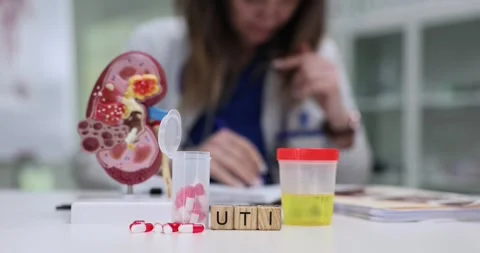 Cubes spell UTI between kidney model and filled urine sample cup Stock Footage 313293509