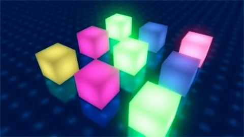 Cubes with various colors and glowing light effects,over shiny surface, 3D re Stock Illustration