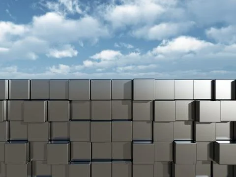 Cubes wall in front of cloudy blue sky - 3d illustration Illustrazione stock