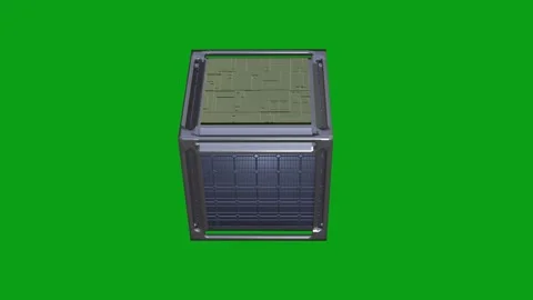 Cubesat rotating against green screen background. 3d animation render Stock Footage 289025679