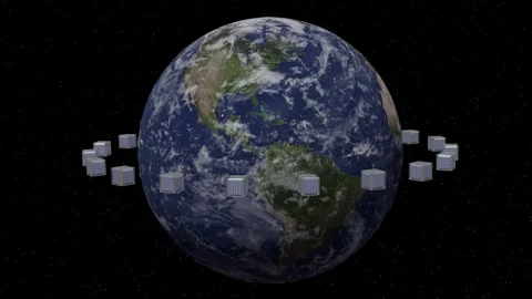 Cubesats orbiting Earth.  3d animation render Stock Footage 288773798