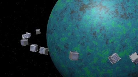 Cubesats orbiting exoplanet.  3d animation render Stock Footage 288773785