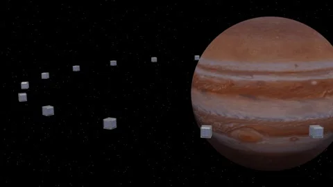 Cubesats orbiting Jupiter.  3d animation render. Stock Footage 288773779