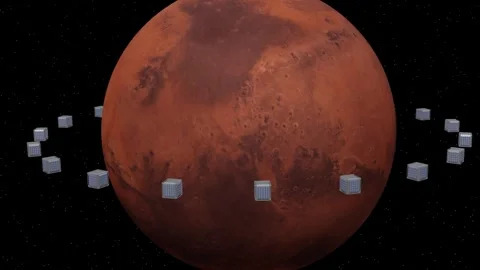 Cubesats orbiting Mars.  3d animation render Stock Footage 288773771