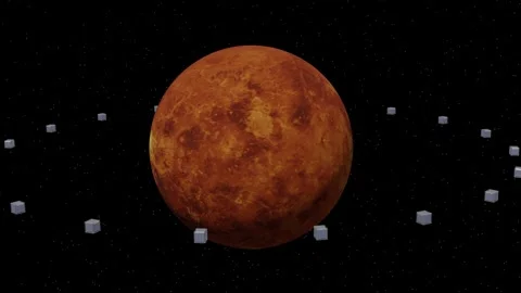 CubeSats orbiting Venus.  3d animation render Stock Footage 288773769