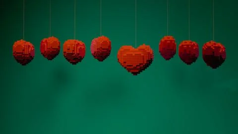 Cubic heart shape and multiple cubic spheres hanging on strings with a gree.. Illustrazione stock