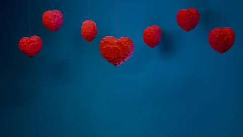 Cubic heart shape and several cubic spheres hanging on strings arranged acr.. 스톡 일러스트