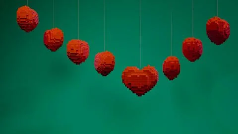 Cubic heart shape centered among several cubic spheres suspended on strings.. 스톡 일러스트