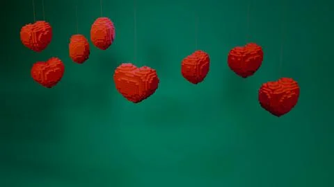 Cubic hearts and spherical forms hanging on strings aligned across a green .. 스톡 일러스트
