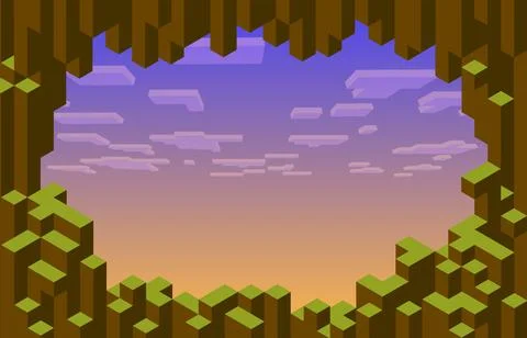 Cubic pixel game level background, vector frame Ilustração Stock