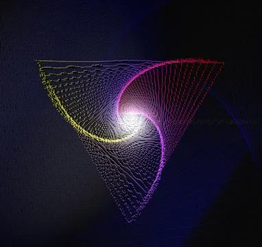 Cubic pixels technique triangular logo with glitch effect. 3D render Illustrazione stock