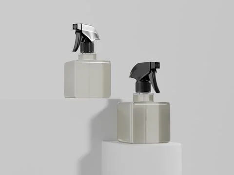Cubic-shape trigger sprayer bottle mockup, translucent water mist dipenser Stock Illustration