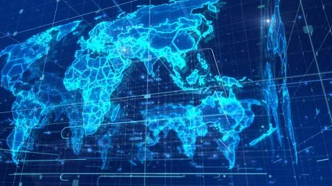 A cubic shaped 3d rendering of a digital news map placed askew, with a light  Stock Illustration